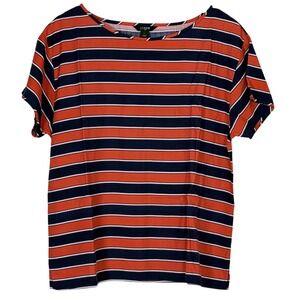 J. Crew Womens 100% Silk Striped Short Sleeve Blouse L Orange Navy Blue Nautical
